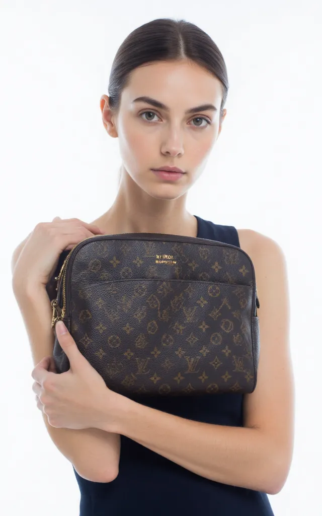 A French female model with a Designer bag, wearing a dress, against a white background, in a front   facing close   up